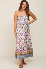 Multicolor Floral Halter Waist Tie Maternity Midi Dress