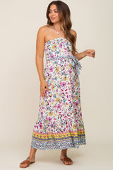 Multicolor Floral Halter Waist Tie Maternity Midi Dress