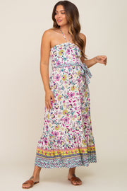 Multicolor Floral Halter Waist Tie Maternity Midi Dress