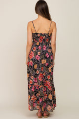 Black Floral Button Front Tiered Ruffle Maternity Maxi Dress