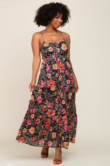 Black Floral Button Front Tiered Ruffle Maxi Dress