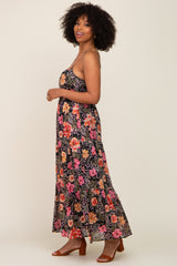 Black Floral Button Front Tiered Ruffle Maxi Dress