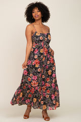 Black Floral Button Front Tiered Ruffle Maxi Dress