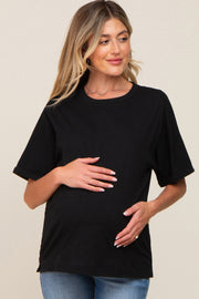 Black Oversized Rolled Short Sleeve Maternity Top