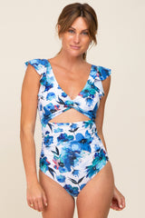 Blue Floral Cutout Flutter One Piece Maternity Swimsuit