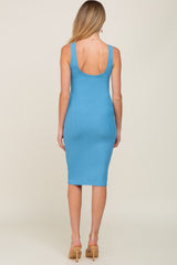 Blue Rib Knit Basic Sleeveless Maternity Dress