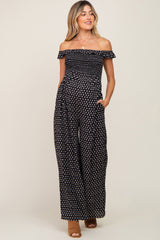 Black Smocked Off Shoulder Maternity Jumpsuit