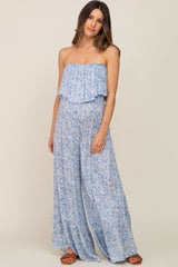 Light Blue Paisley Ruffle Strapless Maternity Jumpsuit