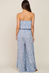 Light Blue Paisley Ruffle Strapless Maternity Jumpsuit