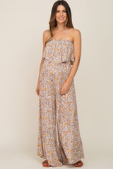 Taupe Paisley Ruffle Strapless Maternity Jumpsuit