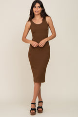 Brown Ribbed Sleeveless Fitted Dress