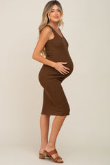 Brown Ribbed Sleeveless Fitted Maternity Dress