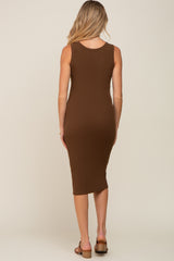 Brown Ribbed Sleeveless Fitted Maternity Dress