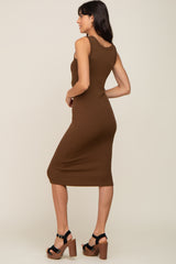 Brown Ribbed Sleeveless Fitted Dress