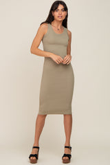 Olive Ribbed Sleeveless Fitted Dress