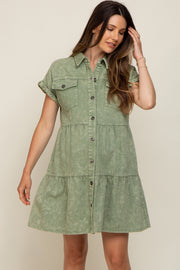 Olive Faded Denim Front Pocket Maternity Dress