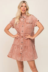 Rust Faded Denim Front Pocket Maternity Dress