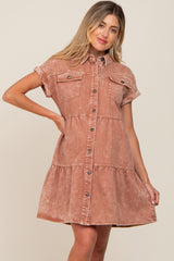 Rust Faded Denim Front Pocket Maternity Dress