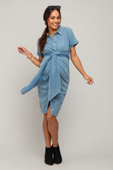 Blue Chambray Front Tie Button Up Maternity Dress