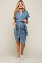 Blue Chambray Front Tie Button Up Maternity Dress