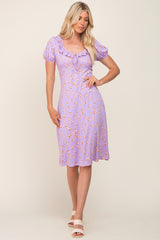 Lavender Floral Ruffle V-Neck Front Tie Dress