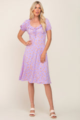 Lavender Floral Ruffle V-Neck Front Tie Dress