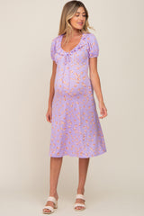 Lavender Floral Ruffle V-Neck Front Tie Maternity Dress