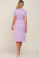 Lavender Floral Ruffle V-Neck Front Tie Maternity Dress