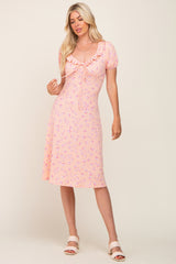 Peach Floral Ruffle V-Neck Front Tie Dress