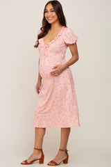 Peach Floral Ruffle V-Neck Front Tie Maternity Dress