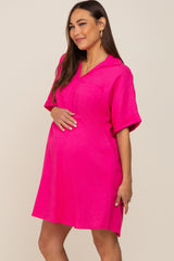 Fuchsia Linen Collared Front Pocket Short Sleeve Maternity Dress