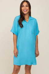 Light Blue Linen Collared Front Pocket Short Sleeve Maternity Dress