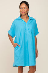 Light Blue Linen Collared Front Pocket Short Sleeve Maternity Dress