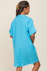 Light Blue Linen Collared Front Pocket Short Sleeve Dress