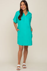 Aqua Linen Collared Front Pocket Short Sleeve Maternity Dress