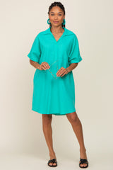 Aqua Linen Collared Front Pocket Short Sleeve Maternity Dress