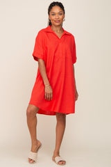 Orange Linen Collared Front Pocket Short Sleeve Maternity Dress