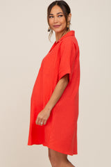 Orange Linen Collared Front Pocket Short Sleeve Maternity Dress