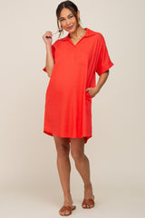 Orange Linen Collared Front Pocket Short Sleeve Maternity Dress