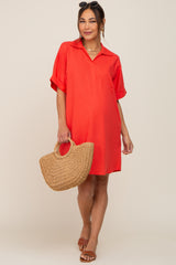 Orange Linen Collared Front Pocket Short Sleeve Maternity Dress