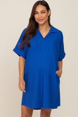 Royal Blue Linen Collared Front Pocket Short Sleeve Maternity Dress