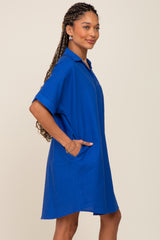 Royal Blue Linen Collared Front Pocket Short Sleeve Dress