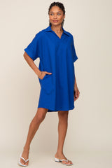 Royal Blue Linen Collared Front Pocket Short Sleeve Dress