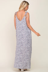 Grey Animal Print Shoulder Tie Maxi Dress