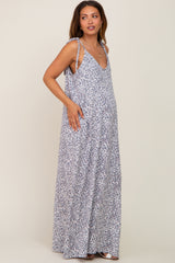 Grey Animal Print Shoulder Tie Maternity Maxi Dress