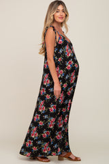 Black Floral Shoulder Tie Maternity Maxi Dress