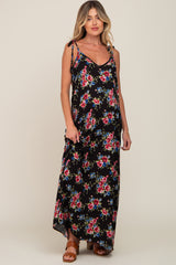 Black Floral Shoulder Tie Maternity Maxi Dress