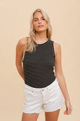 Black Striped Ruffle Trim Sleeveless Top