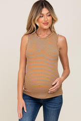 Mocha Striped Ruffle Trim Maternity Sleeveless Top