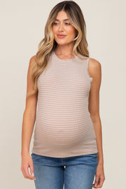 Taupe Striped Ruffle Trim Maternity Sleeveless Top